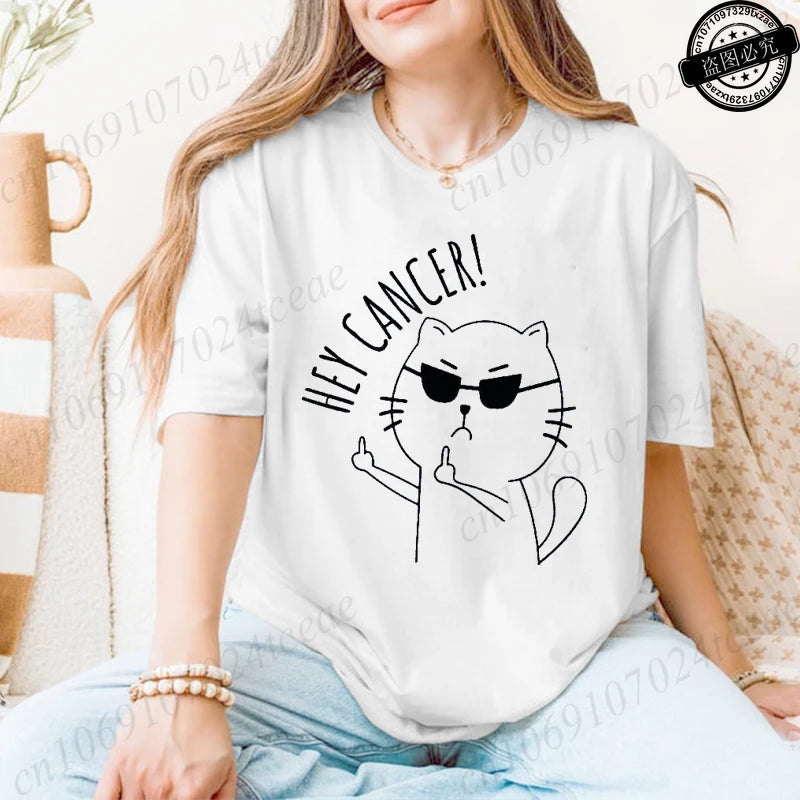 "Hey Cancer" 3D Cat Print Breast Cancer Awareness T-Shirt to 3X Plus Size