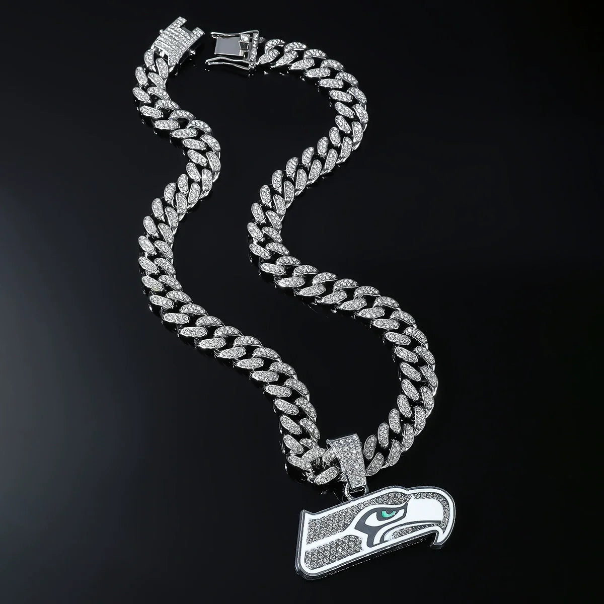 Seattle Seahawks Diamond Owl Pendant Alloy Cuban Link Hip-Hop Chain Necklace