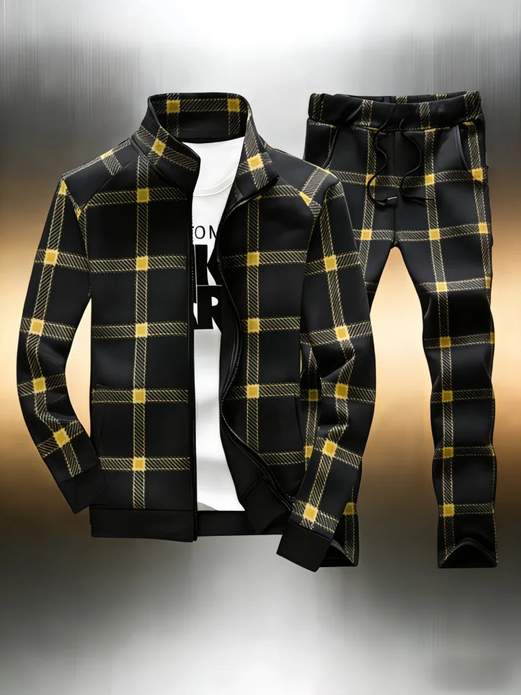 Men's Plaid Print Stand Collar Sports Zipper Jacket + Skinny Drawstring Jogger Sweatpants Tracksuit