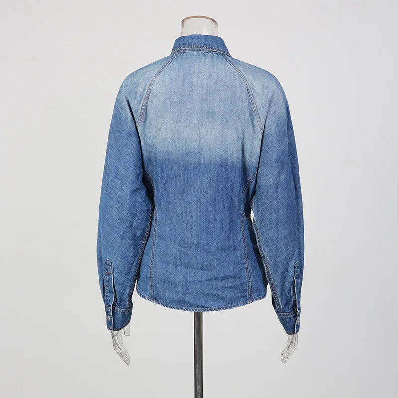 Denim Blue Gradient Colorblock Long Sleeve Turn-Down Collar Jean Shirt + Ruffled Tiered Layered Hi-Lo Tutu Jean Skirt Women's 2-Piece Set