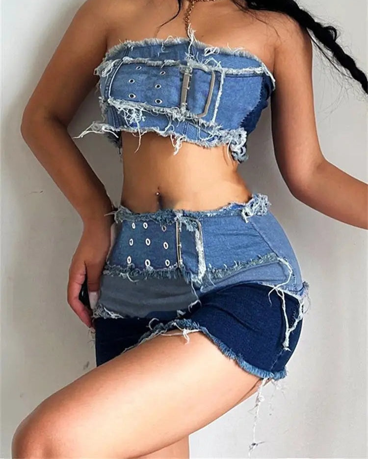 Blue Colorblock Strapless Belt Buckle Design Denim Cropped Bra + Belted Mini Jean Skirt 2-Piece Set