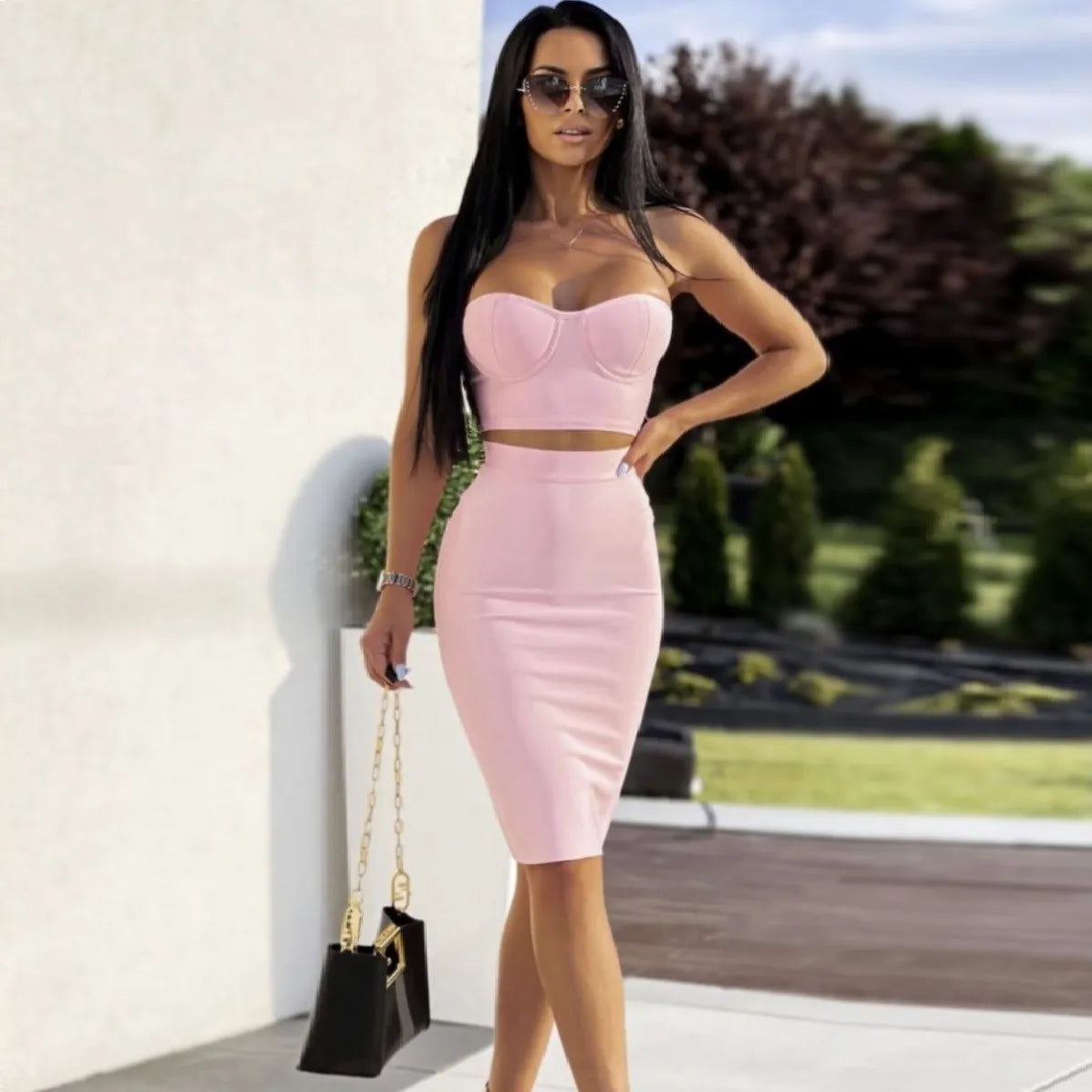 Sleeveless Solid Rayon Bandage Tube Corset Top + Bodycon Mini Skirt 2-Piece Set