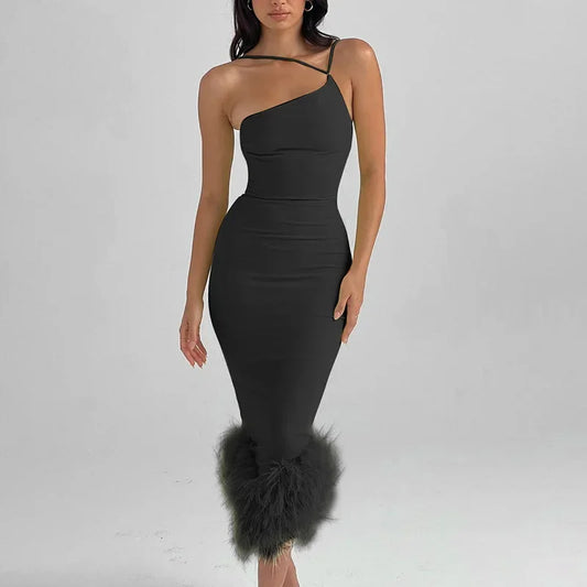 Asymmetrical One Shoulder Triangular Faux Feather Hem Sleeveless Solid Color Party Formal Dress