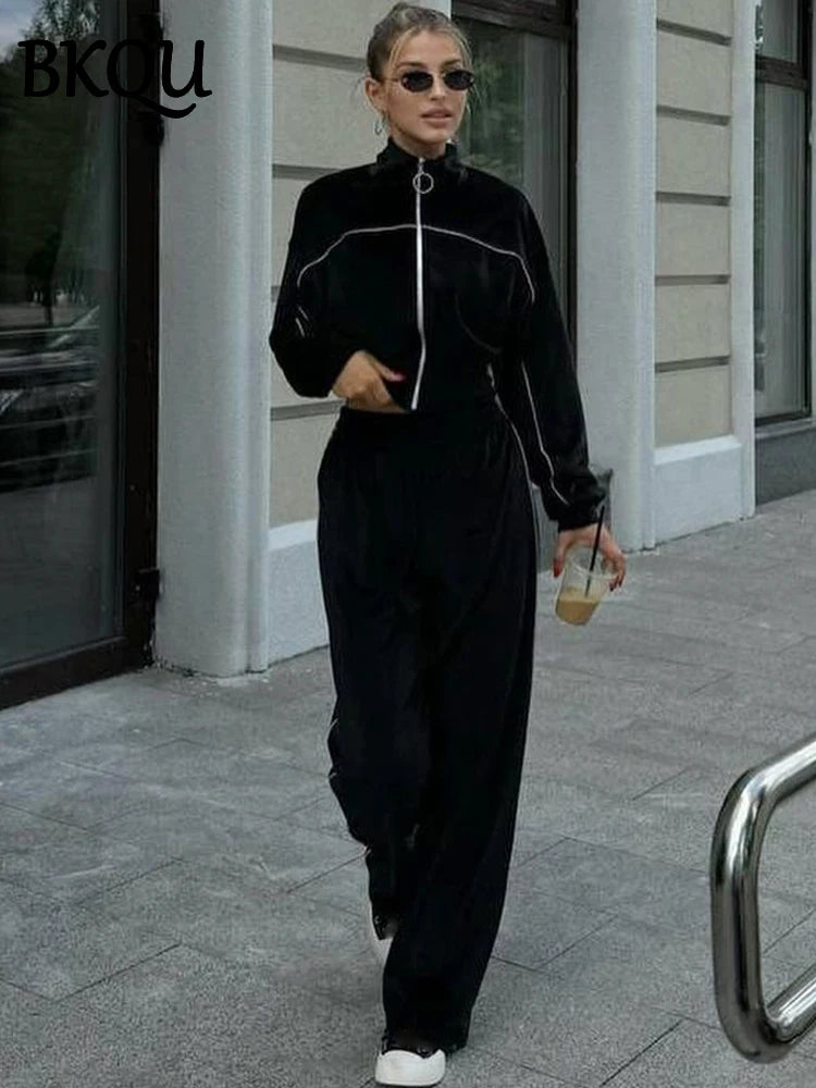 Velvet Solid Color Zipper Lapel Jacket + Wide Leg Sweatpants Women's Tracksuit