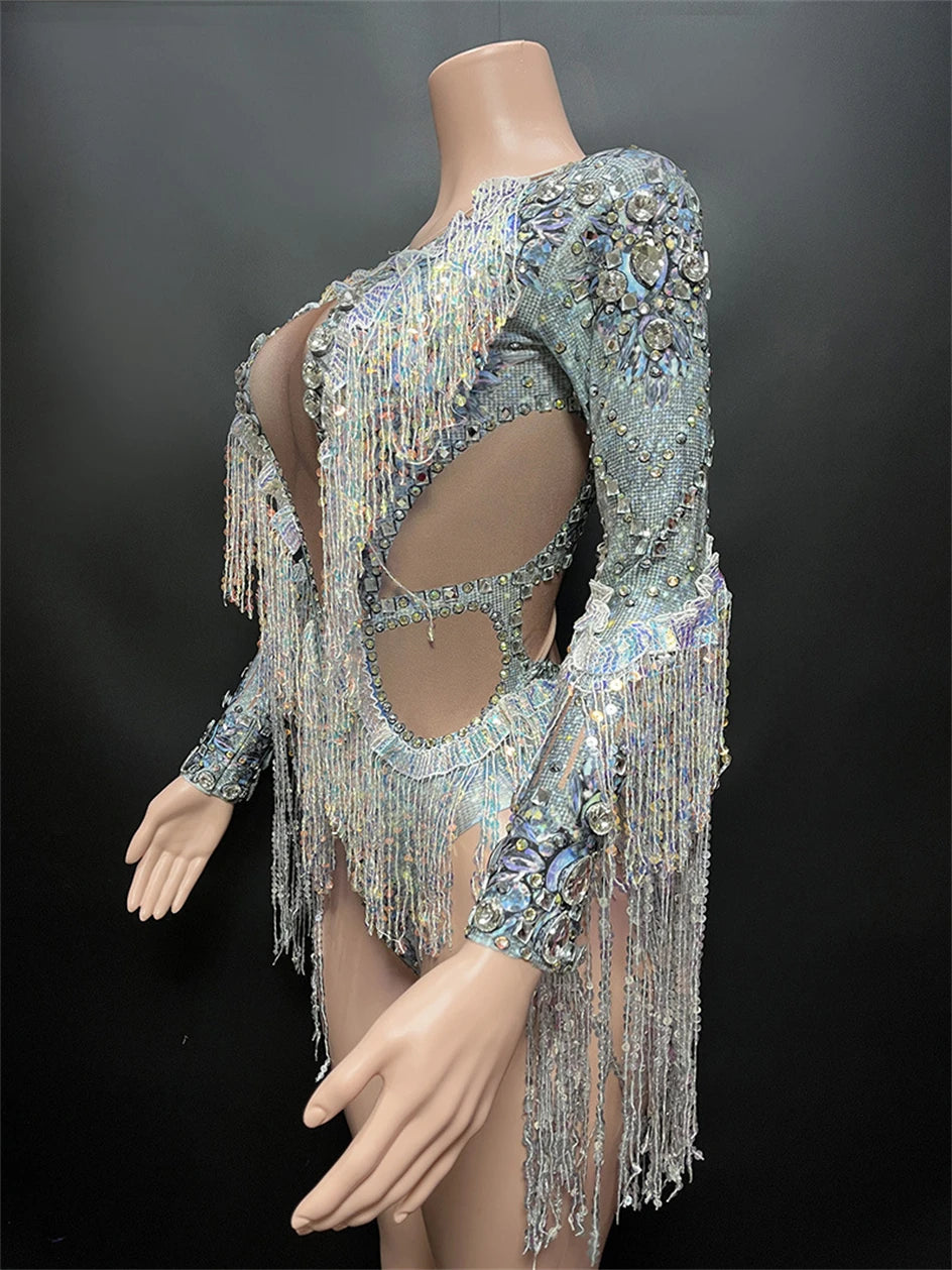 Sparkling Sequin Tassel Long Sleeve Bodysuit Performance Costume