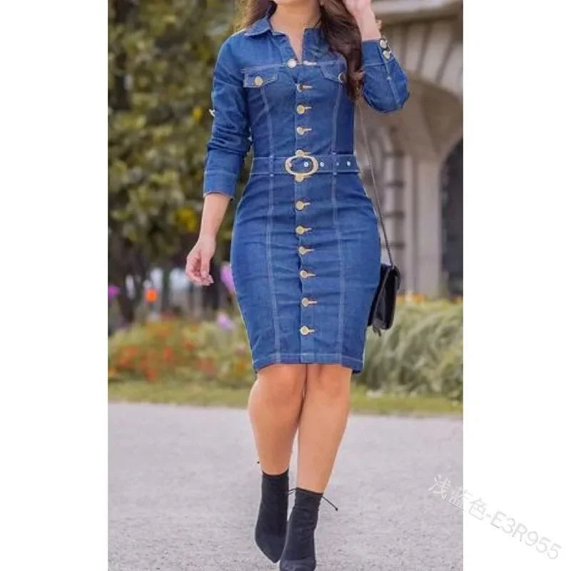 Denim Button Up Single Breasted Long-Sleeved Goddess Midi Dress