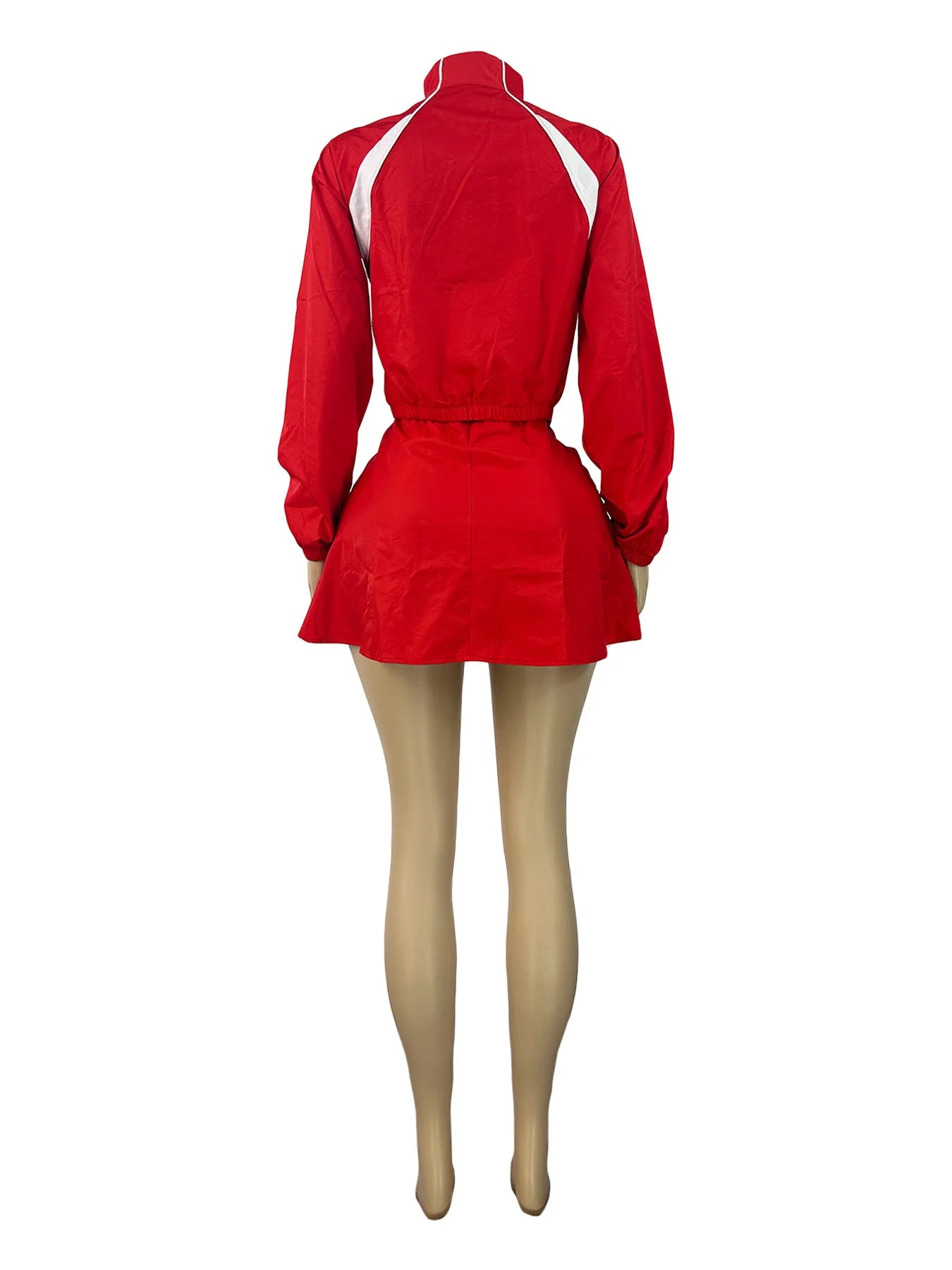 Striped Stand Collar Women's Zipper Fitness Jacket+ Drawstring Ruched Mini Tennis Skirt Solid Color 2-Piece Set