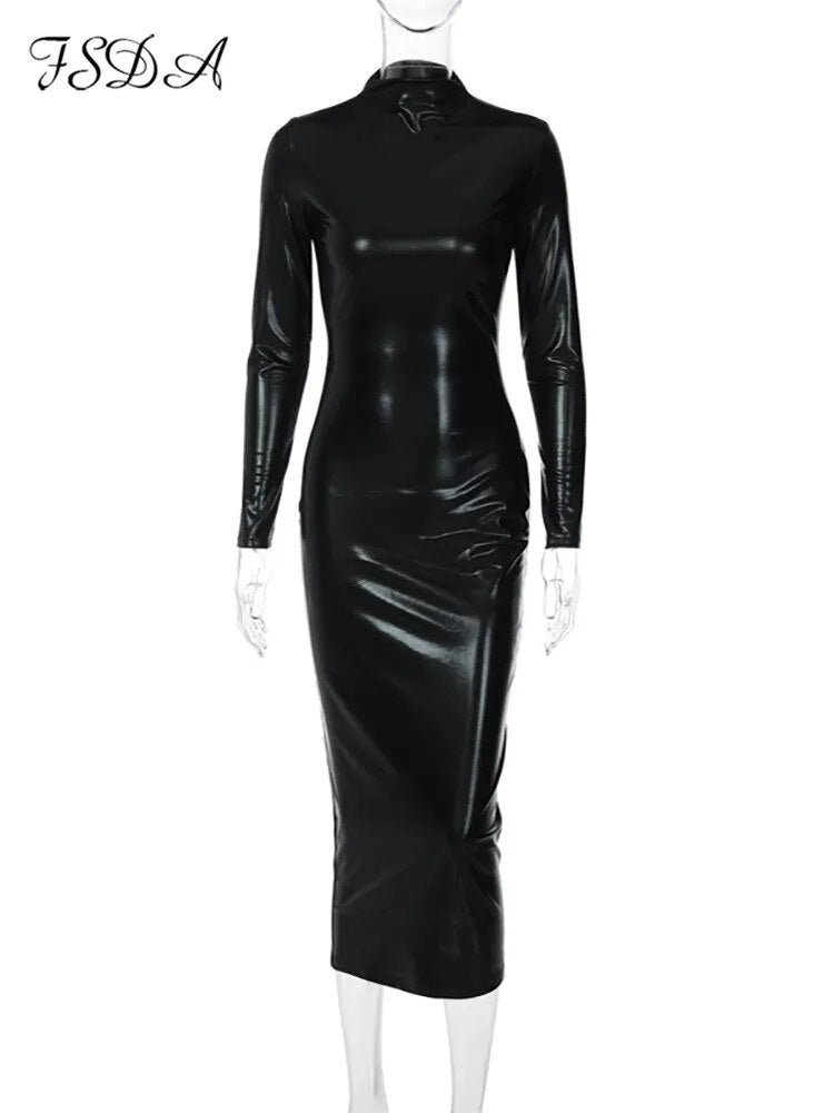 Bodycon Turtleneck Long Sleeve PU Leather Maxi Dress