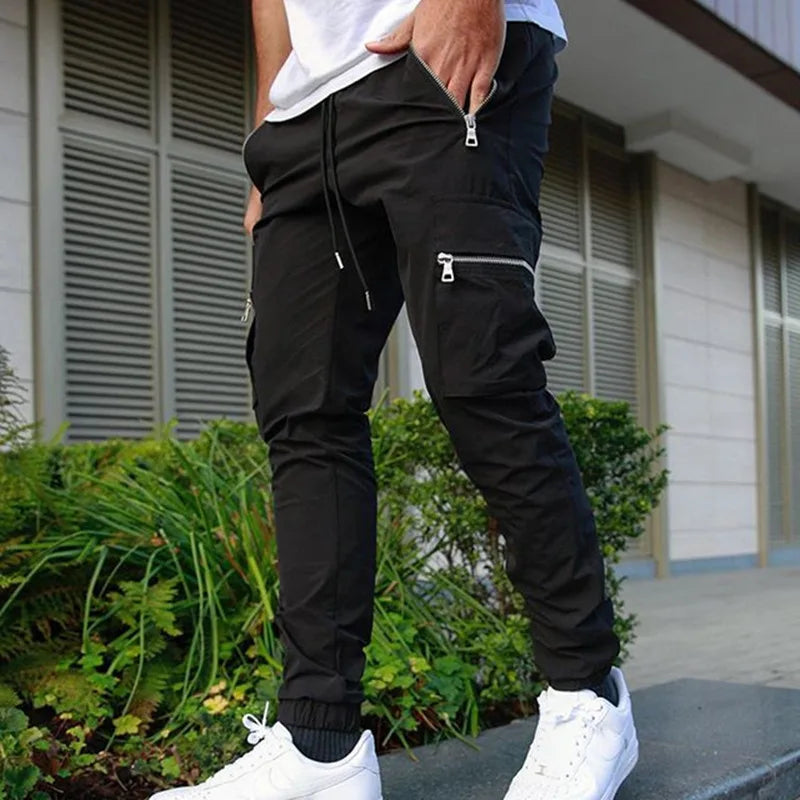 Men's Zipper Pocket Design Drawstring Solid Cargo Pants