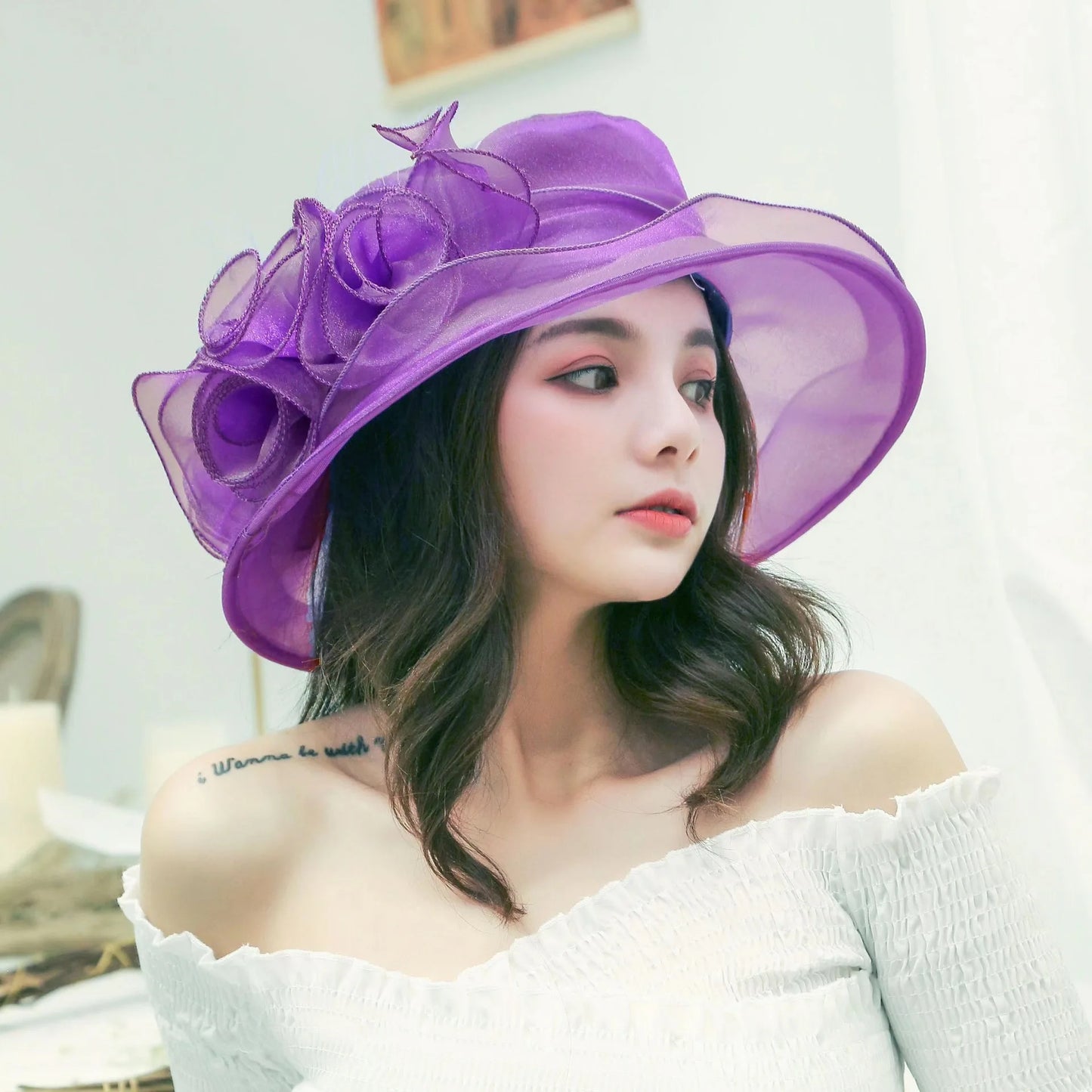 Oversized Organza Floral Bow Detail Wide Brim Kentucky Derby/Church/Wedding Fedora Hat