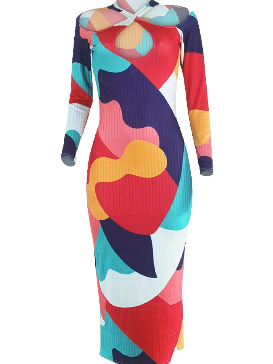 Abstract Geometric Patchwork Ribbed Bodycon Cold Shoulder V-Neck Long Sleeve Dress