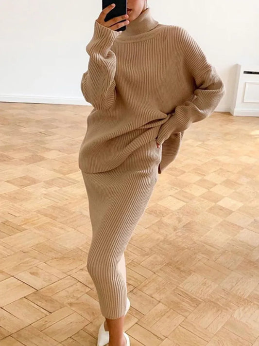 Turtleneck Pullover Ladies Sweater + Knitted Matching Midi Skirt 2-Piece Sweater Set to 5X Plus Size