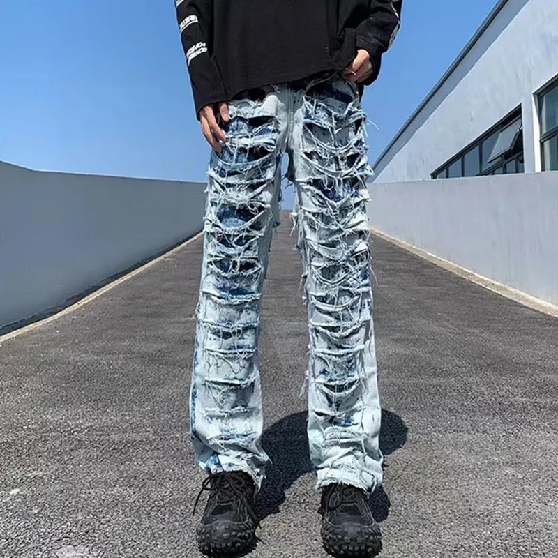 Men's Denim Ripped Fringe Grunge Y2K Streetwear Stacked  Hip-Hop Skinny Jeans