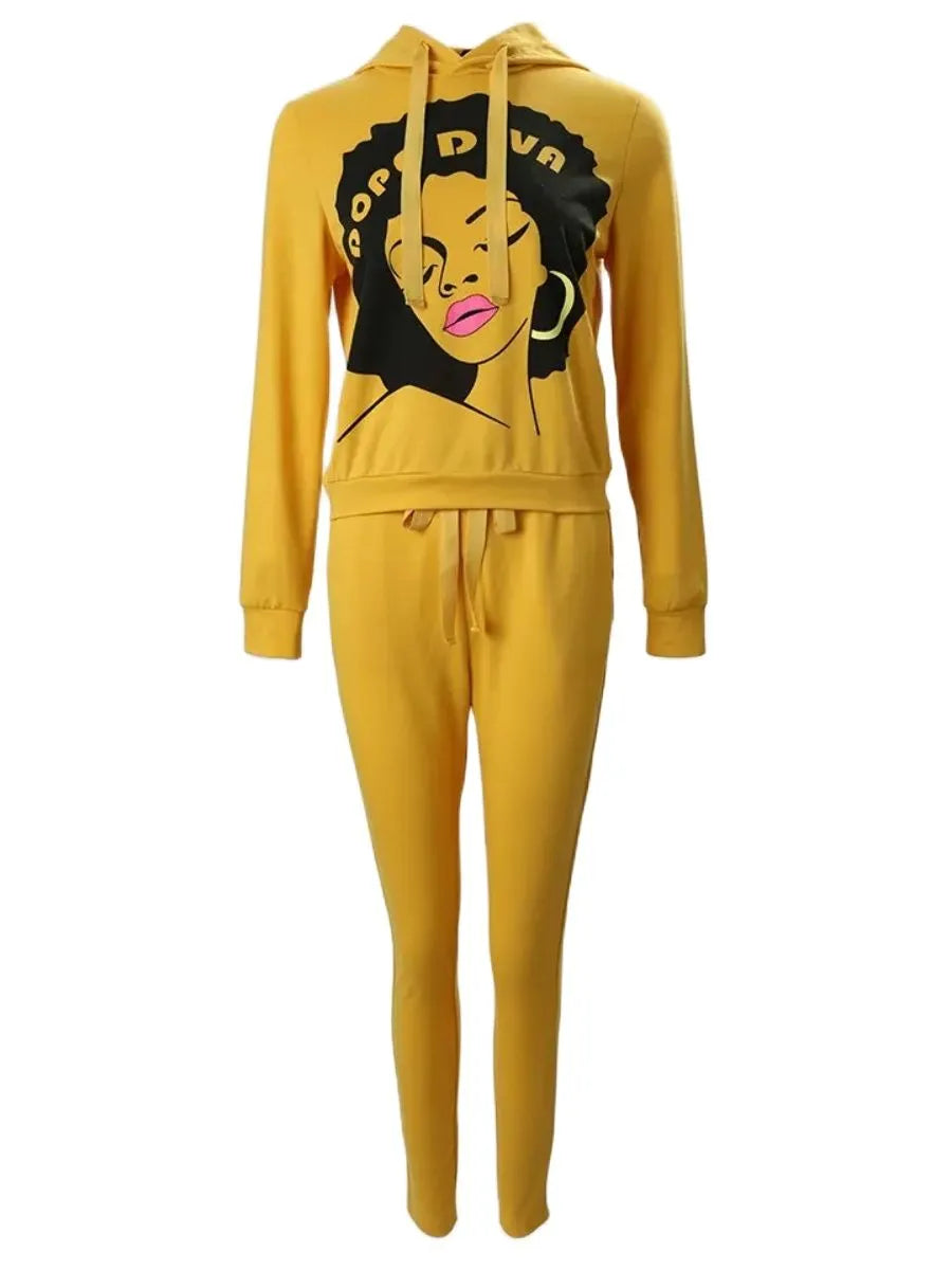 "Dope Diva" Hooded Letter Figure Print Pocket Design Ladies Tracksuit