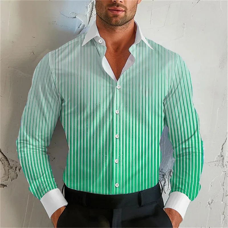 Men's Gradient Striped Turn-Down Collar Long Sleeve Dress Shirts to 5X Big & Tall