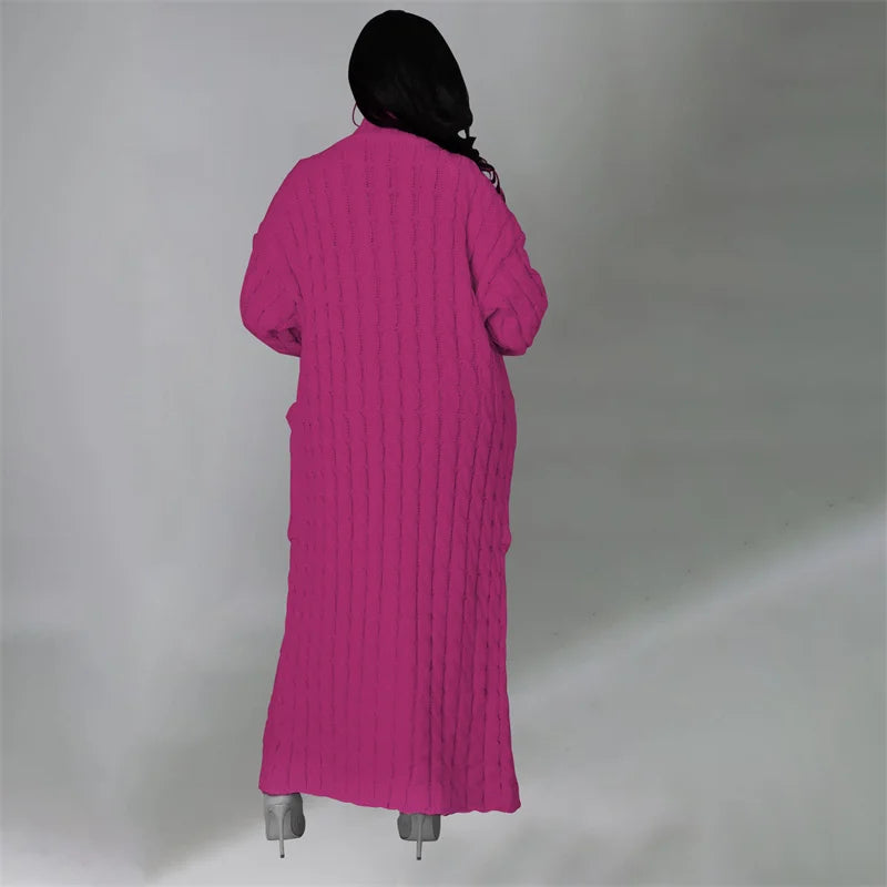 Knitted Weave Pattern Ribbed Maxi Cardigan Sweater