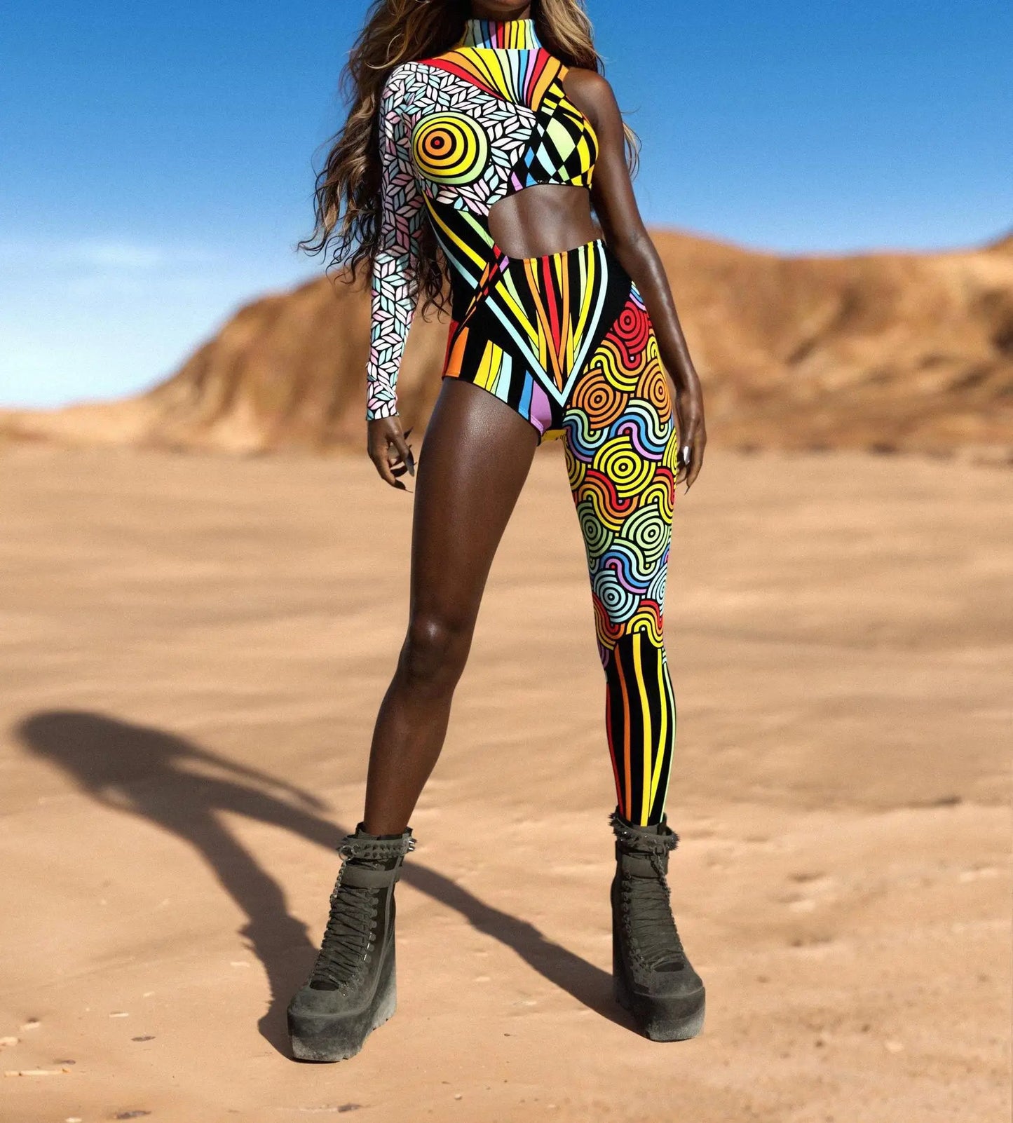 Irregular Asymmetrical One Sleeve Rainbow Geometric Striped Floral Hollow-Out 3D Print One Leg Jumpsuit to 3X Plus Size