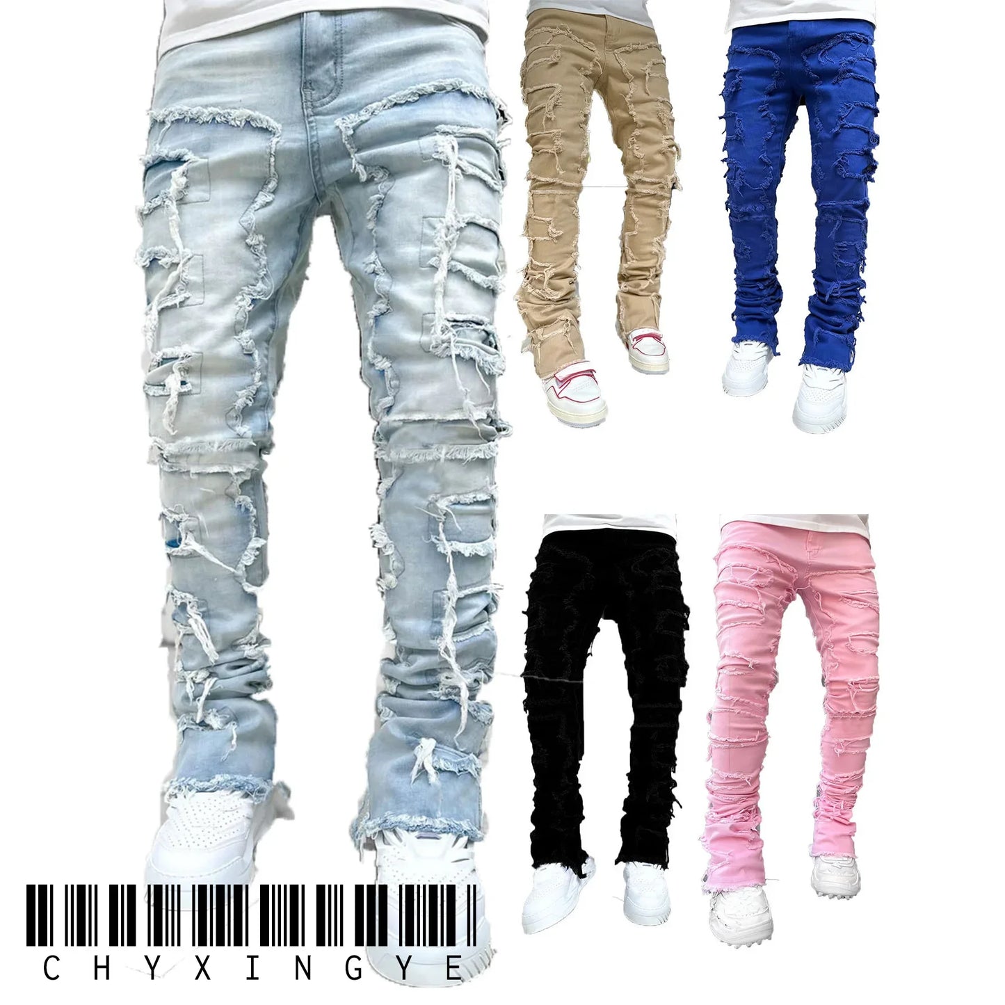 Men's Camouflage/Solid Denim Ripped Stacked Skinny Jeans