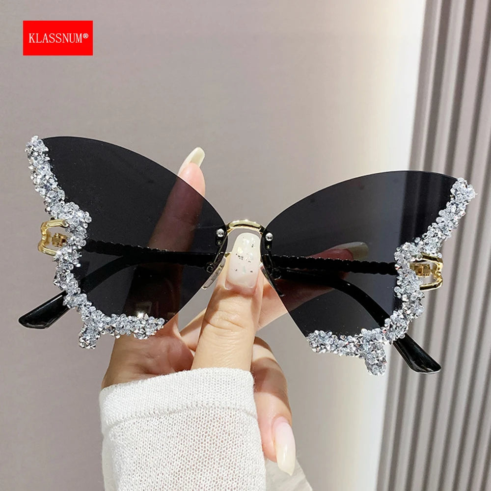 Glitter Rhinestone Butterfly Shaped UV400 Protection Large Rimless Women's Sunglasses