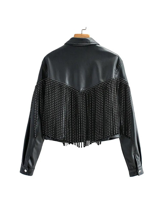 Tassel Rivet Faux Leather Motorcycle Biker Soft PU Leather Jacket