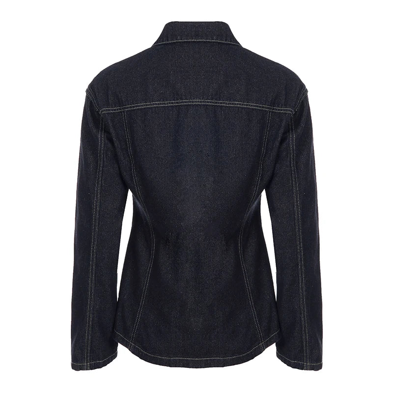 Denim Dark Blue Gold Button Detail Long Sleeve Turn-Down Collar Solid Color Women's Jean Jacket