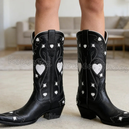 Western Heart Embroidered Cowgirl Knee-High Leather Pointed Toe Chunky Heels Slip-On Rodeo Boots