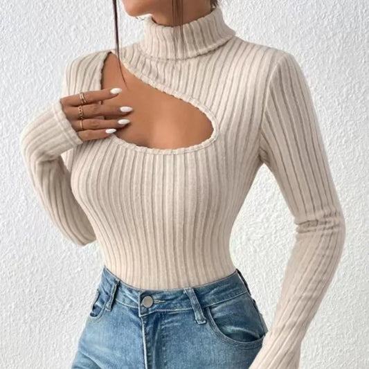 Hollow-Out Turtleneck Women's Long Sleeve Ribbed Knitted Sweater