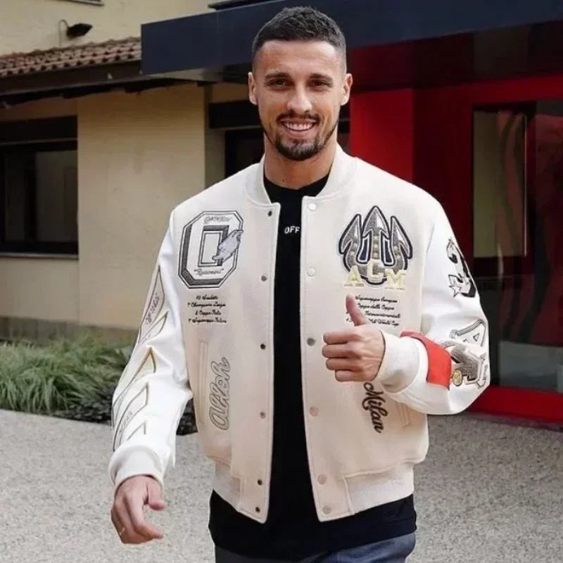 Retro Men's Streetwear Hip-Hop Letter Print Embroidered Baseball Varsity Bomber Jacket