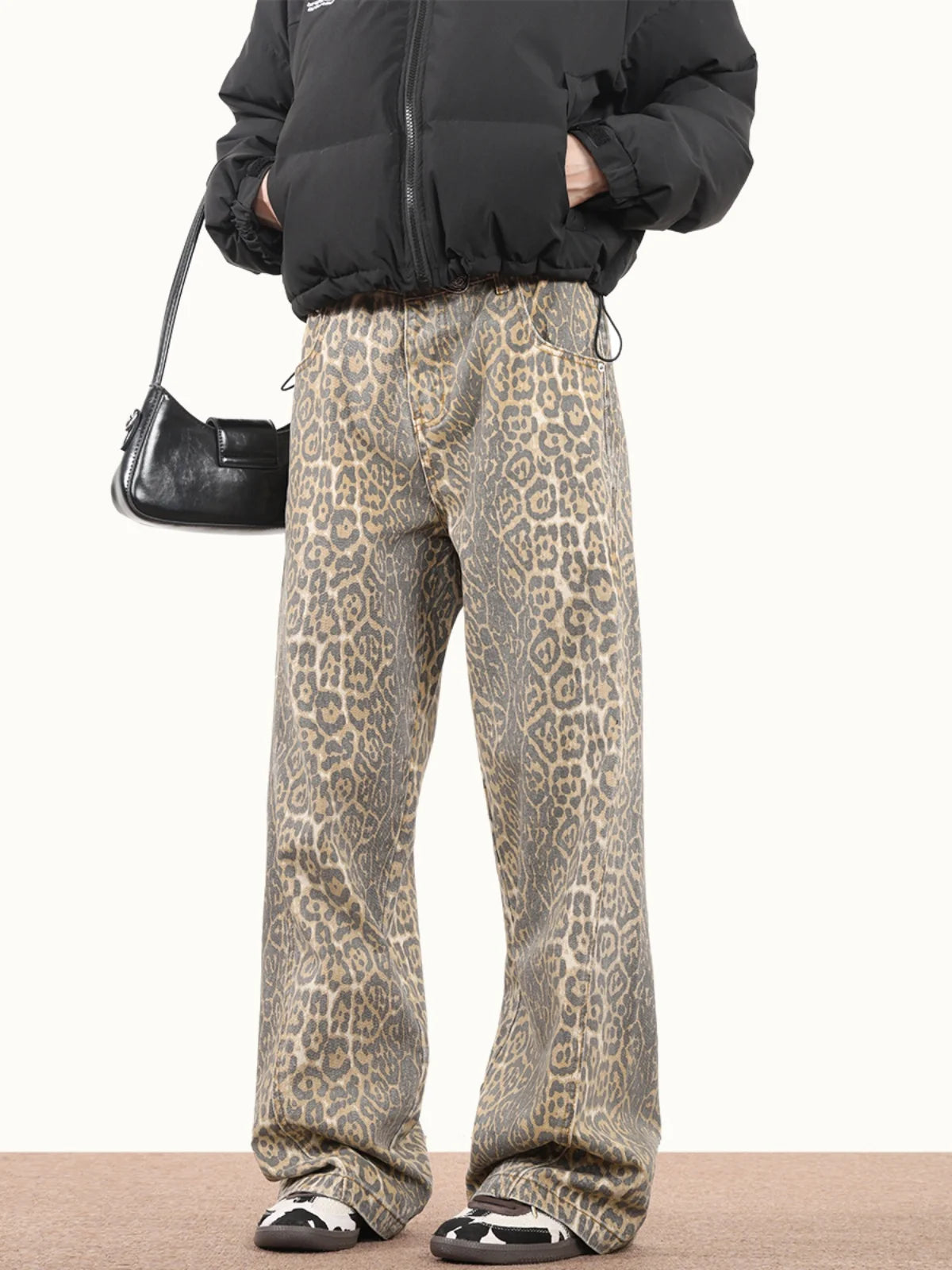 Leopard Washed Women's Retro Loose High Waist Straight Leg Jeans