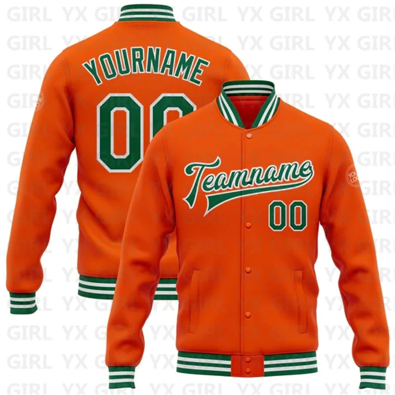 Customized Orange Navy-White Personalized Name Letter 3D Print Full-Snap Varsity Letterman's Baseball Button-Up Bomber Jacket