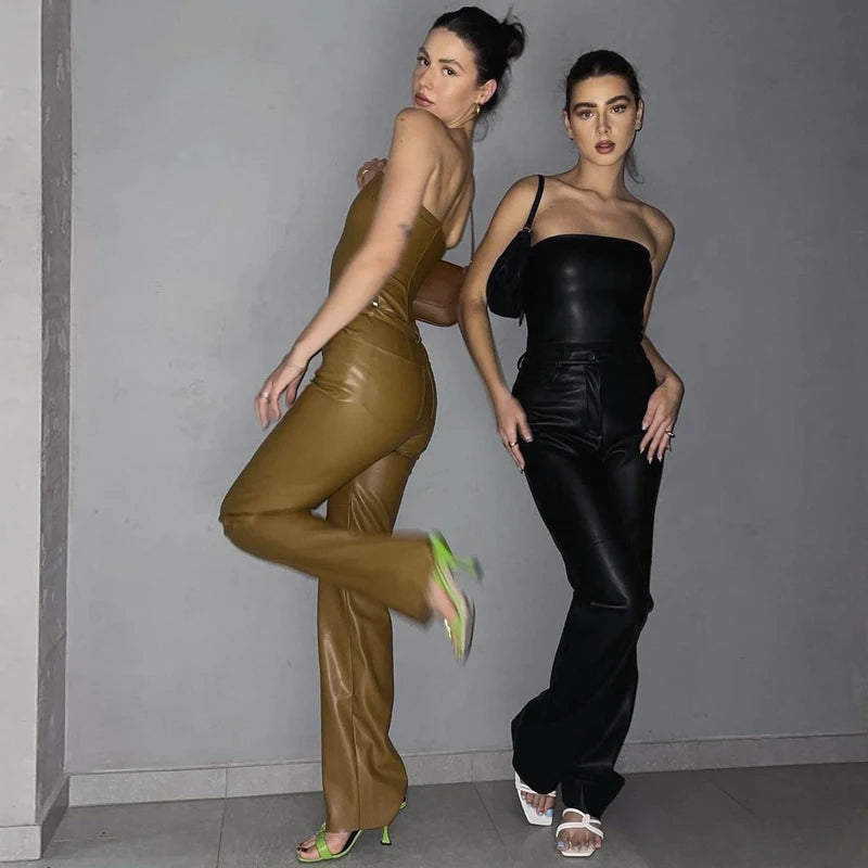 Ultra-Hot Kendall Camel Color Leather Pants Women's Spring Autumn Style Bell Bottoms PU Leather Crop Top Fashion Set Women