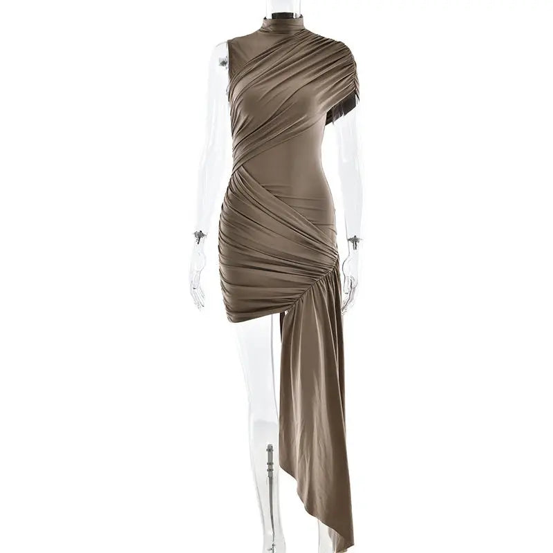 Ruched Asymmetrical Hanging Sash Train Sleeveless Formal Mini Party Dress