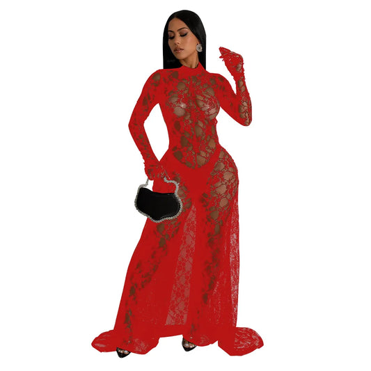 Lace Mesh Transparent Hollow-Out Women's Long Sleeve Bodycon Backless Wide Leg Jumpsuit