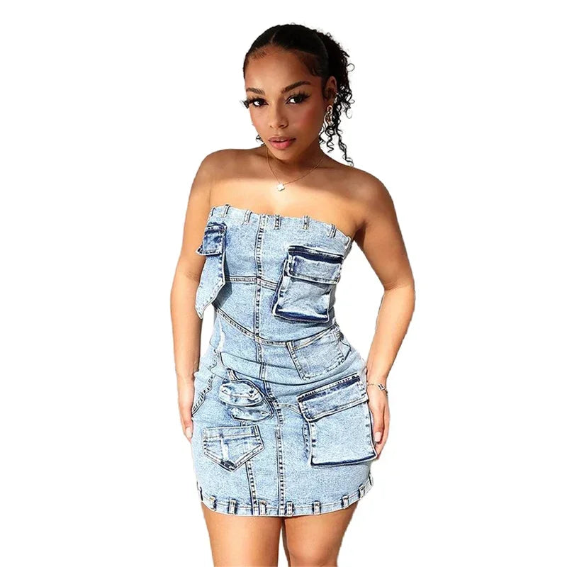 Denim Light Blue Washed Faded  Sleeveless Tube Top Design Cargo Pocketed Streetwear Mini Jean Dress