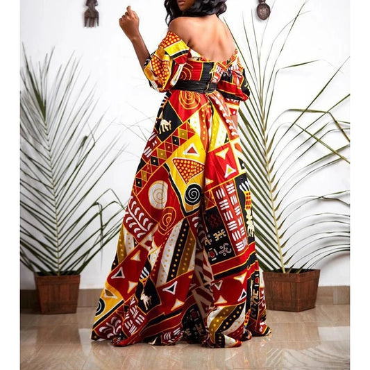 African Dashiki Print Off-the-Shoulder Short Sleeve V-Neck Backless High Slit Maxi Dress