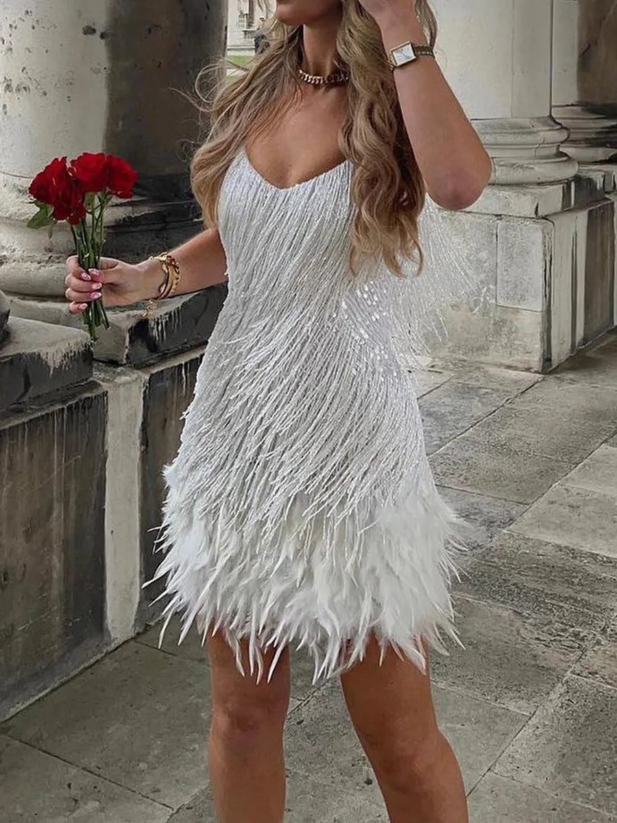 Feather Tassel Sequin Solid Evening  Sleeveless V-Neck Swing Mini Dress