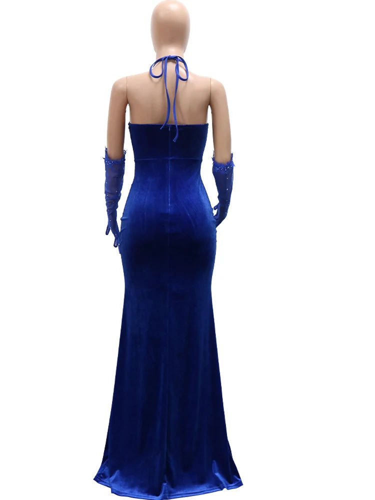 Sequined Embellished Velvet Royal Rhinestone Corset Formal Party/Prom Dress