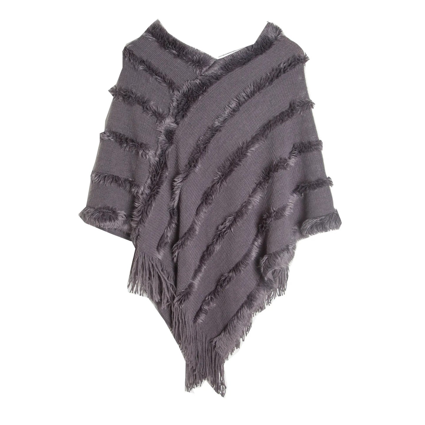 Tassel Hem Ladies Pullover Knitted Poncho Cape Shawl