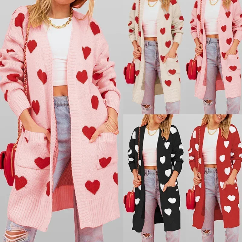 Heart Print Women's Knitted Long Sleeve Maxi Cardigan Sweater