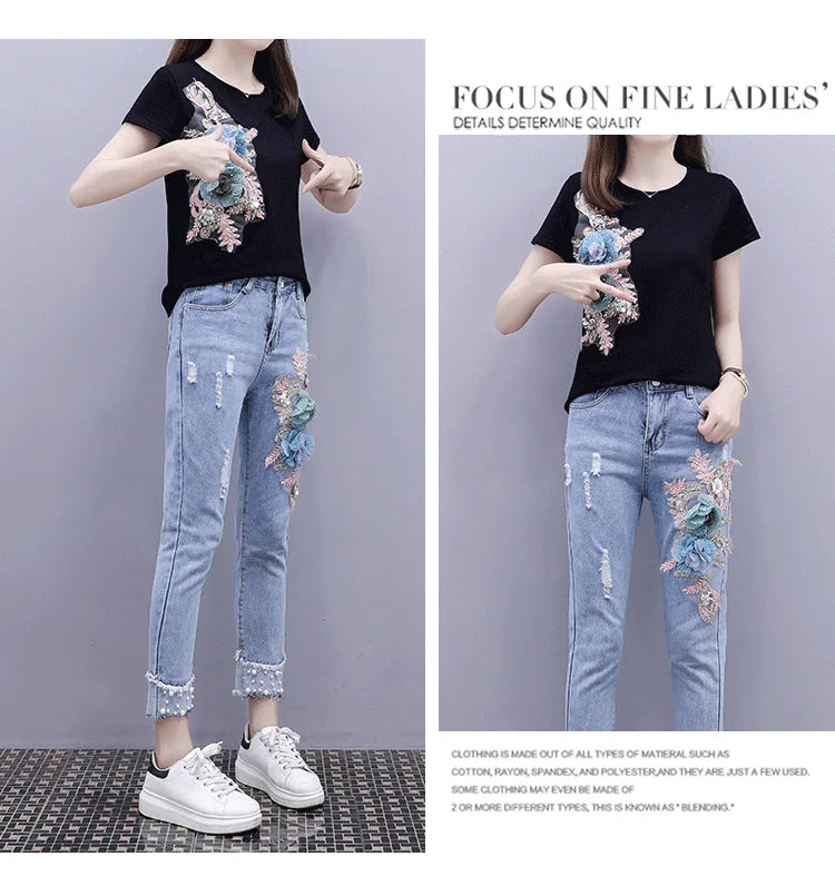 Floral Embroidered Women's Short Sleeve T-Shirt + Matching Denim Jeans 2-Piece Set to 3X Plus Size