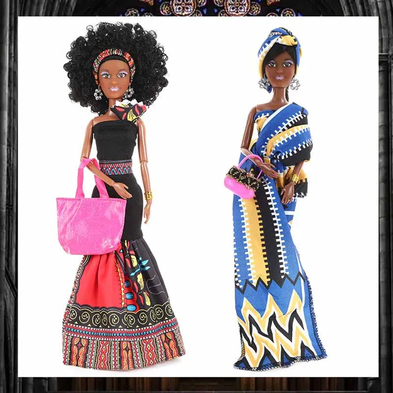 Exquisite African Black Simulation Ethnic Dashiki Dress Doll