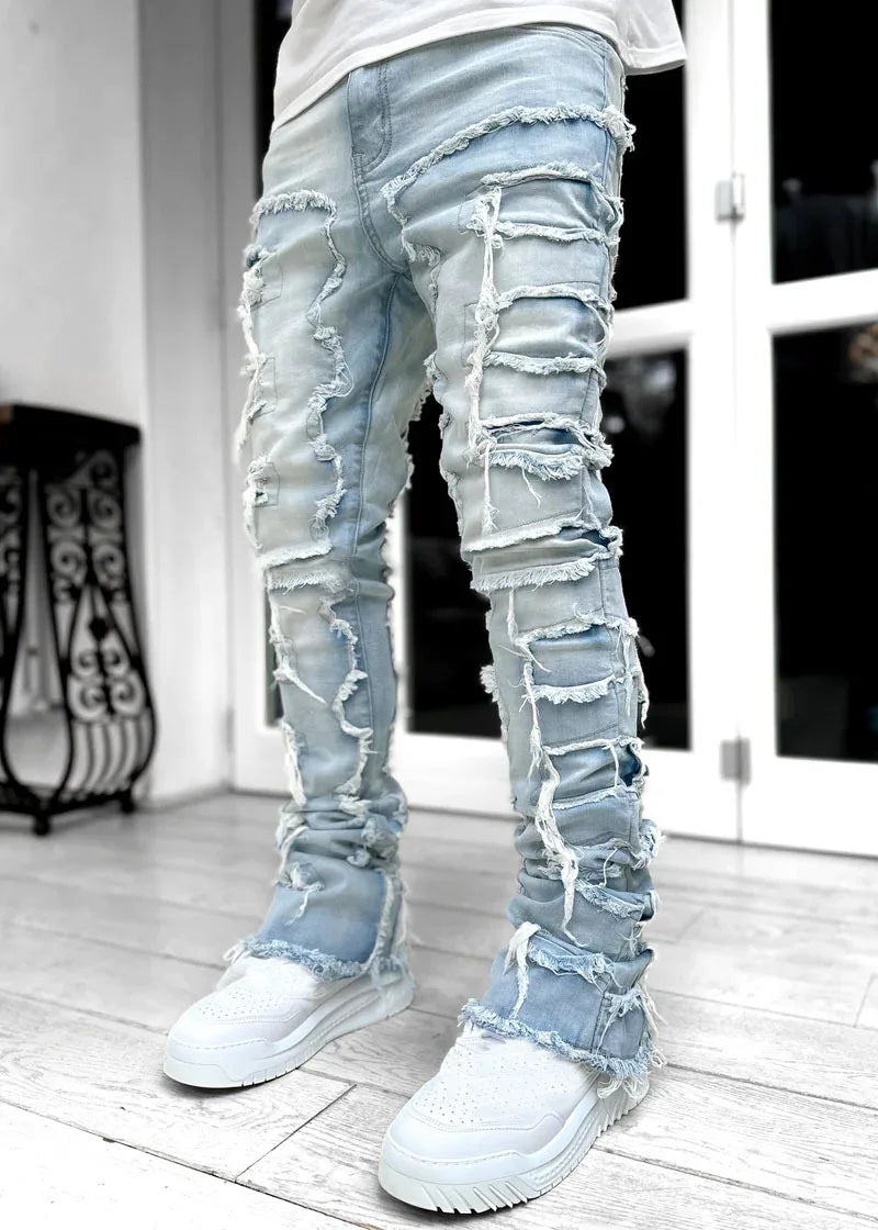 Men's Denim Fringe Ripped Hip-Hop Stretch Stacked Elastic Waist Straight Patchwork Jeans