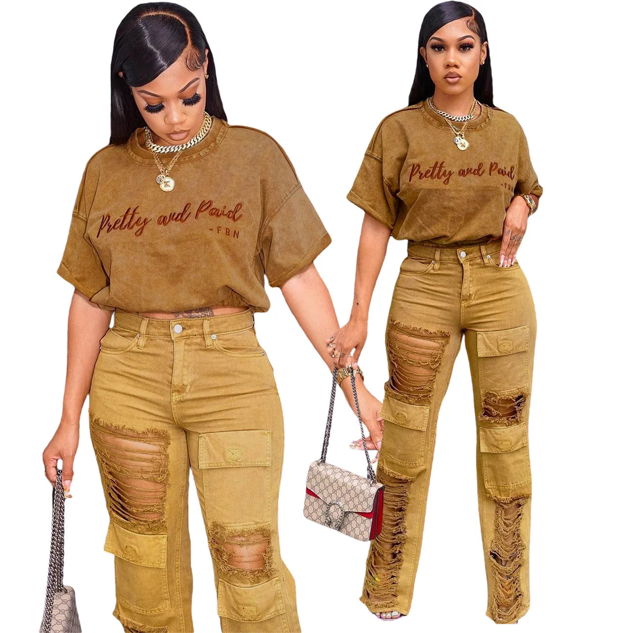 "Pretty & Paid" Ladies Short Sleeve Letter Embroidered T-Shirt + Cargo Denim Pants Two Piece Set