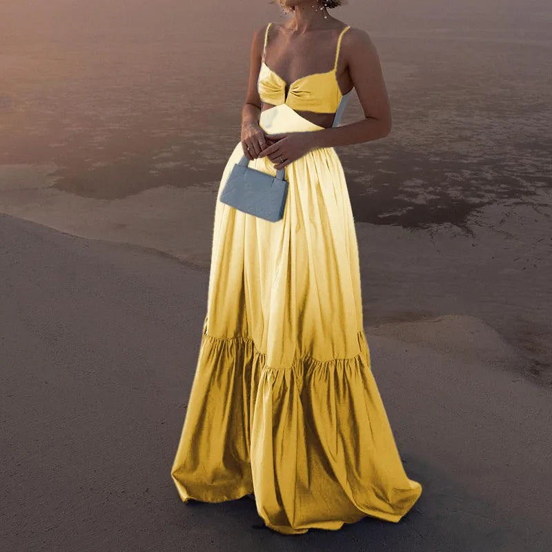 Gradient Tie-Dye Ombre Spaghetti Strap V-Neck Hollow-Out Backless Flared Ruffled Sleeveless Maxi Dress