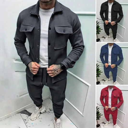 Men's Turn-Down Collar Cargo Utility Pocket Button Front Jacket + Sweatpants Activewear 2-Piece Set