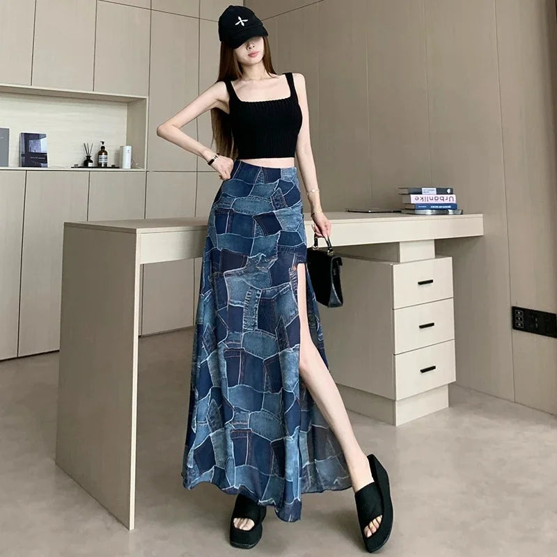 Colorblock Plaid Faux Denim Print High Slit A-Line Maxi Skirt