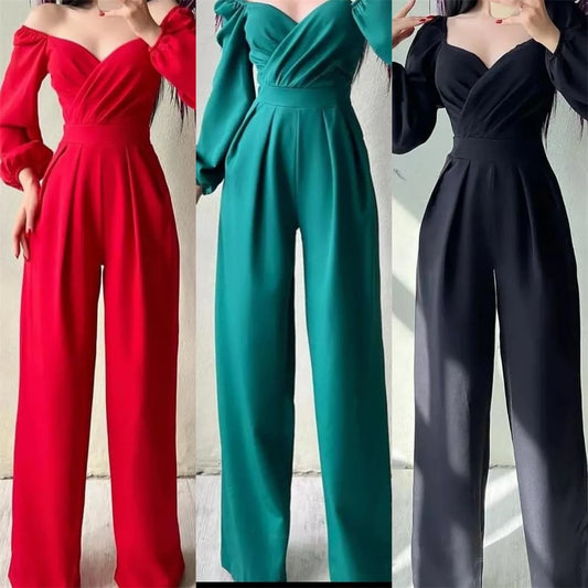 Ruched Solid Color Long Sleeve Off-the-Shoulder V-Neck Jumpsuit