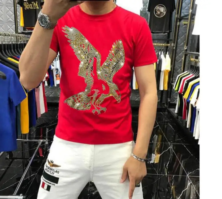 Men's Rhinestone Gold Metallic Eagle Print Short Sleeve Hip-Hop T-Shirt