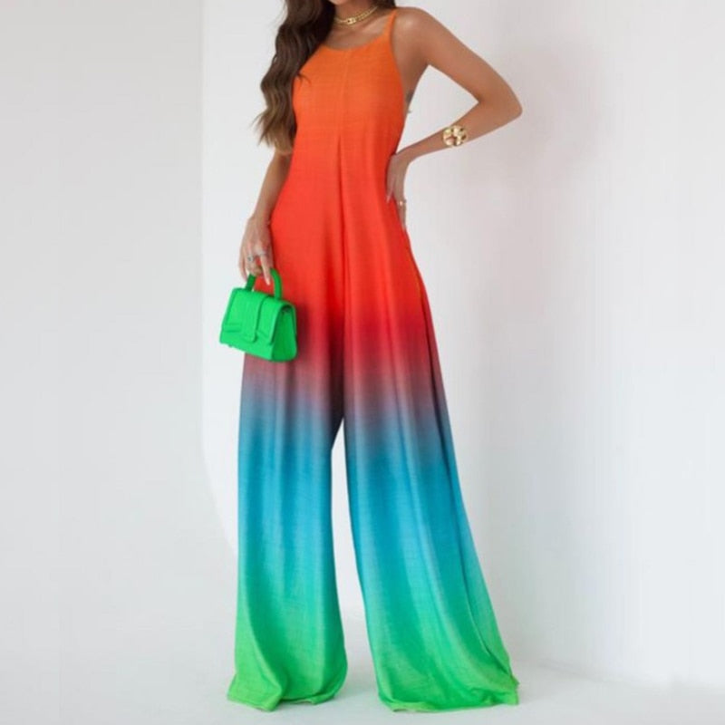 Gradient Colorblock/Floral/Geometric Printed Sleeveless Backless Wide Leg Pocketed Jumpsuit