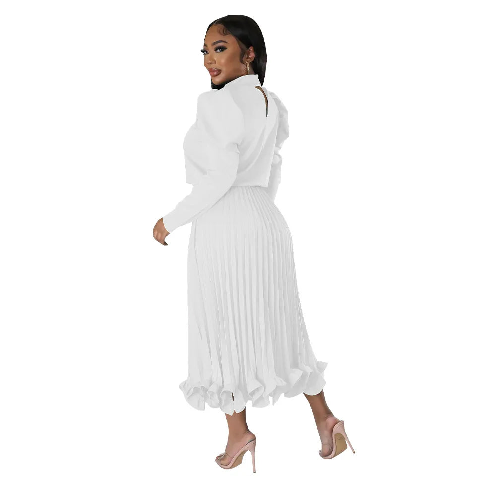 Women’s Solid Color O-Neck Lantern Sleeve Blouse + A-Line Flounce Formal Pleated Maxi Skirt w/ Sash Belt 2-Piece Set